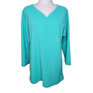 Duluth Trading Company Women’s V-Neck Waffle Knit Henley Shirt Teal Blue Sz XL